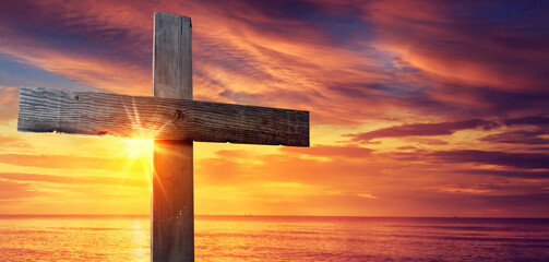 Wooden Cross At Sunrise, Crucifixion of Jesus Christ