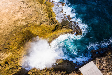 Aerial view above scenery of Curacao, the Caribbean with ocean and coast