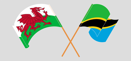 Crossed and waving flags of Wales and Tanzania