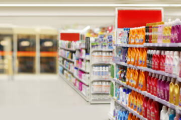 shopping in supermarket.(washing powder,detergent,shampoo, soap)