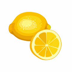 Summer citrus fruits for health. Bright lemon fruit whole and cut into slice on white background. Cartoon flat vector illustration.