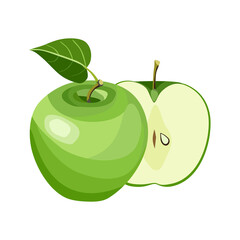 Summer fruits for health. Bright green apple fruit whole and cut into slice on white background. Cartoon flat vector illustration.