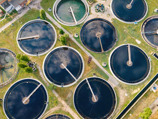 Water treatment facilities. Sewage treatment plant. Round sedimentation tanks and Radial primary...