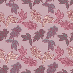 Hand drawn abstract flowers and leaves on pink background. Vector seamless pattern. Textile backdrop. Botanical illustration.