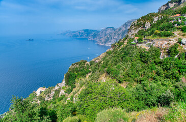 Amazing aerial view of Amalfi Coast from the path of the Gods, Italy.