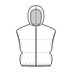 Hooded Down vest puffer waistcoat technical fashion illustration with zip-up closure, loose fit, crop length, wide quilting. Flat template front, white color style. Women, men, unisex top CAD mockup