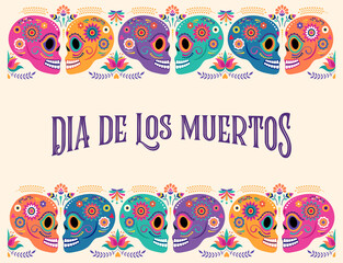 Obraz premium Day of the dead, Dia de los muertos, banner with colorful Mexican flowers. Fiesta, Halloween holiday poster, party flyer, funny greeting card