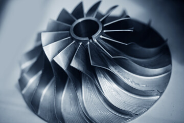 Fototapeta Macro steel blades of turbine propeller blue color obraz