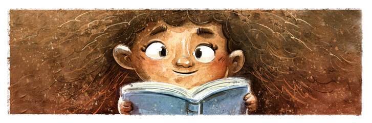 Illustration of African American Little Girl Reading a Book