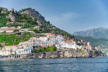 Fototapeta na wymiar Beautiful coastline of Amalfi from the sea, Campania, Italy
