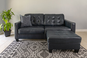 Modern design leather love seat in living space.