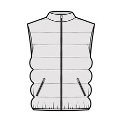 Down vest puffer waistcoat technical fashion illustration with stand collar, zip-up closure, pockets, oversized, classic quilting. Flat template front, grey color. Women, men, unisex top CAD mockup