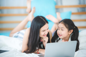young woman talking with video conference at home, online remote communication technology to call by laptop computer on cyberspace, lifestyle of female person happy to work and keep distant isolated