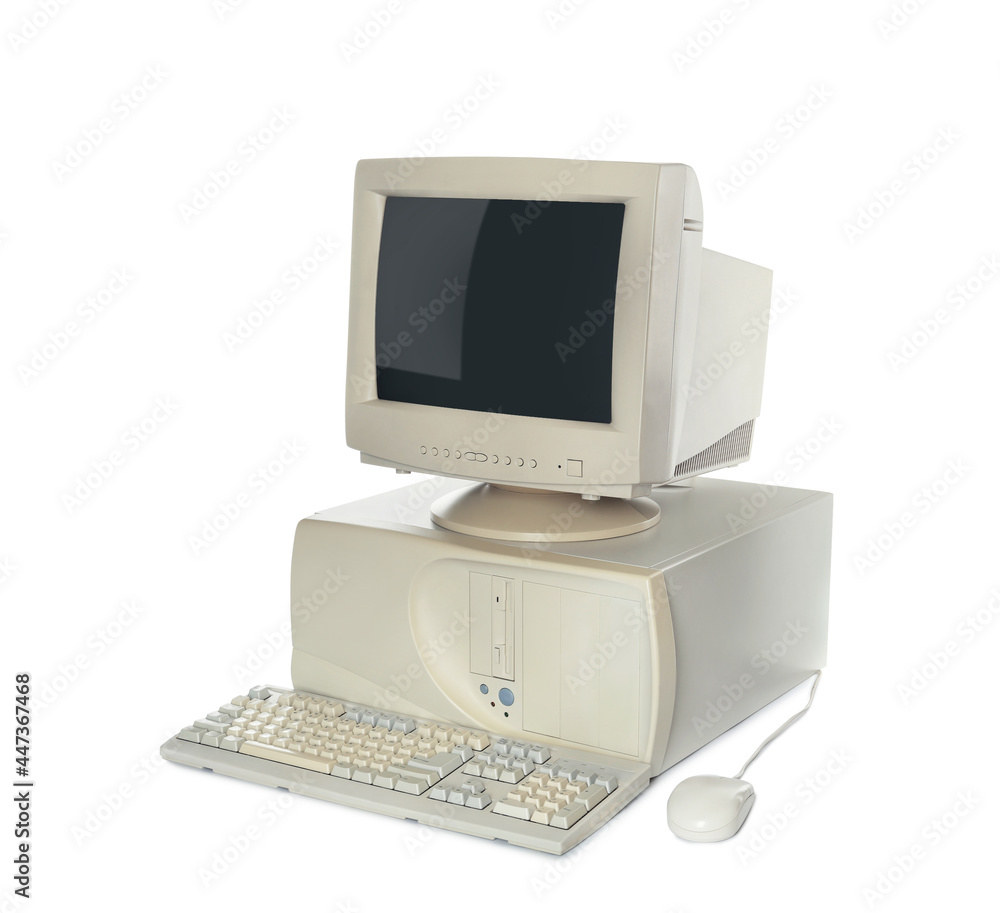 Wall mural old computer monitor, keyboard, system unit and mouse on white background