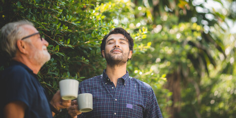 adult son and elderly senior father talking together and holding coffee cup in the garden, happy morning lifestyle of man generation family, love day at home