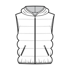 Hooded Down vest puffer waistcoat technical fashion illustration with sleeveless, loose fit, hip length, classic quilting. Flat template front, white color style. Women, men, unisex top CAD mockup