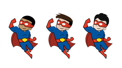 Superhero Kid Vector Illustration 3 Pack Red Blue Cape Mask Cartoon Comic Style on White Background