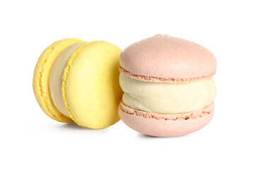 Colorful macarons on white background. Delicious dessert