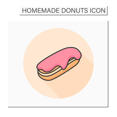 Long donut color icon. Sugar glazed vanilla cream filled french eclair. Concept of puff pastry, sweet treats and doughnut baking. Isolated vector illustration