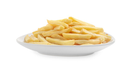 Yummy golden French fries on white background