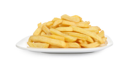 Yummy golden French fries on white background