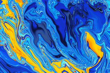 Abstract bright fluid blue and yellow orange background. Art trippy digital backdrop. Curved shapes illustration. Vibrant banner. Template. Water wave effect. Ocean Swirl. Marble texture. Rock. Ink