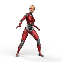 Fototapeta na wymiar 3D illustration of a futuristic female cyborg with red metallic body standing isolated on a white background.