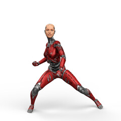 3D illustration of a futuristic female cyborg with red metallic body standing with clenched fists ready to fight isolated on a white background.