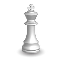 White chess piece king 3d on white background. Board game chess. Chess piece  3d render.Vector illustration. Sport play. 