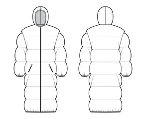 Down puffer coat jacket technical fashion illustration with long sleeves, hoody collar, zip-up closure, oversized, knee length. Flat template front, back, white color style. Women, men, unisex top CAD © Vectoressa