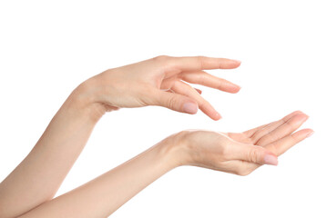 Young woman applying something onto her hands on white background, closeup