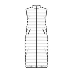 Down vest puffer waistcoat technical fashion illustration with zip-up closure, pockets, midi length, narrow quilting. Flat template front, white color style. Women, men, unisex CAD mockup