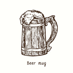 Wooden beer mug (tankard). Ink black and white doodle drawing in woodcut style.