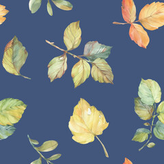 Autumn leaves seamless pattern. Bright background of watercolor autumn leaves. Beautiful background of colorful leaves for design, print, wallpaper, packaging.
