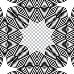 Ethnic abstract oriental, asian, indian pattern in the style of optical illusion. Geometric black white frame for text on an isolated background. Template for creativity, coloring, design.
