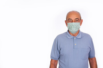 elderly man wearing covid protective mask, on white background copy space
