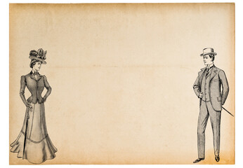 Old used paper sheet edges and vintage style engraving man woman © LiliGraphie