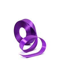 rolled purple silk ribbon in roll isolated on white background