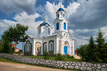Fototapeta na wymiar Ancient orthodox Church of the Intercession of the Most Holy Theotokos in Krasnoe village, Molodechno district, Minsk region, Belarus.