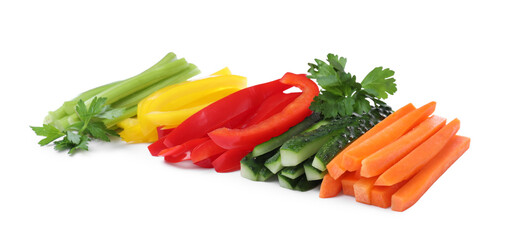 Different vegetables cut in sticks on white background