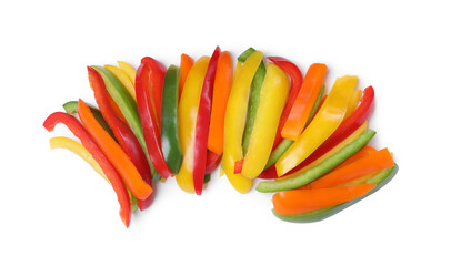 Colorful bell peppers cut in sticks on white background, top view. Healthy vegetables