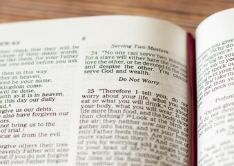 Do not worry-inspiring quote. Open Holy Bible Book. Jesus Christ teaching about anxiety, stress, problems. Have faith, hope, obey, trust God. Christian biblical concept.