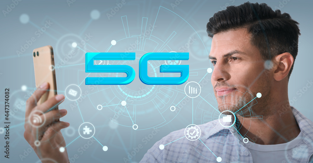 Poster man using smartphone with 5g network system against light blue background. banner design