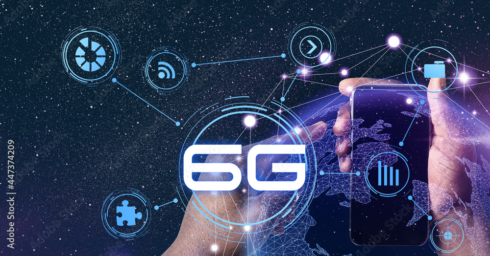 Poster man using smartphone with 6g network system, closeup. banner design