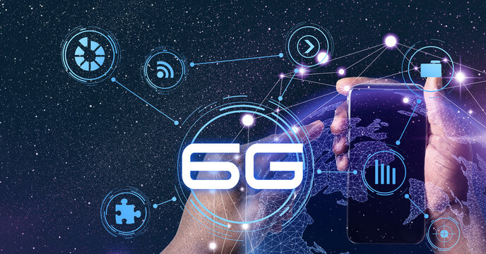 Man using smartphone with 6G network system, closeup. Banner design
