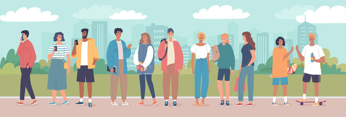 Young people walking in the modern city park