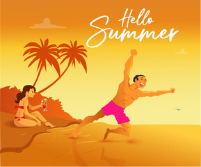 Sunset at the beach. Friends vacations. Sunset sky