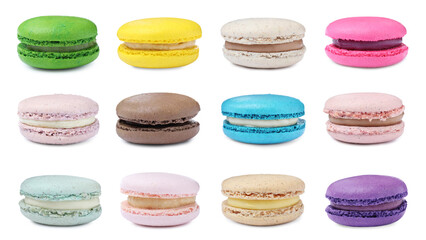Set with different delicious macarons on white background
