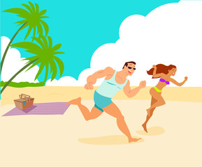 Obraz na płótnie Canvas Couple running on the beach. Beach Scene