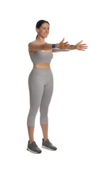 Woman doing sportive exercise with fitness elastic band on white background